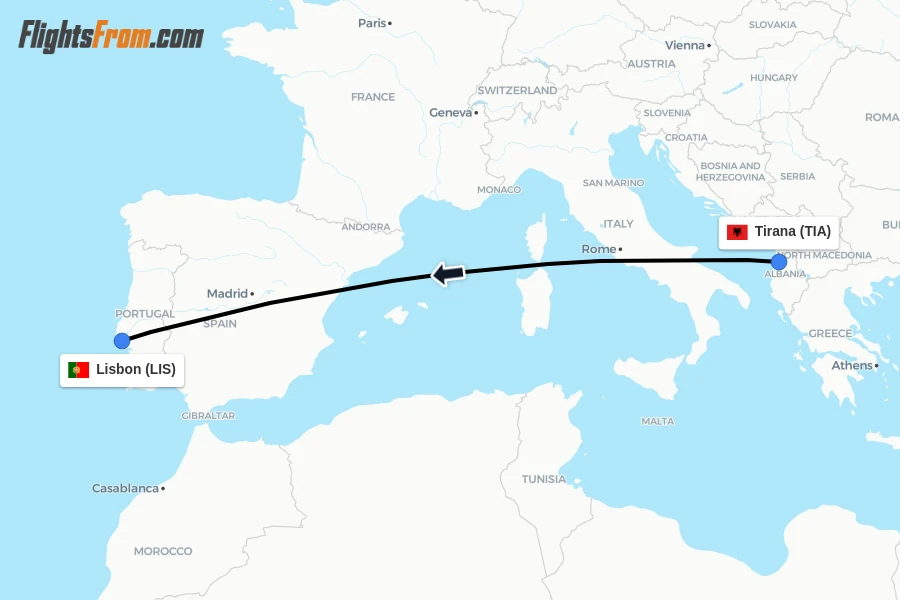 Flights from Tirana to Lisbon route map