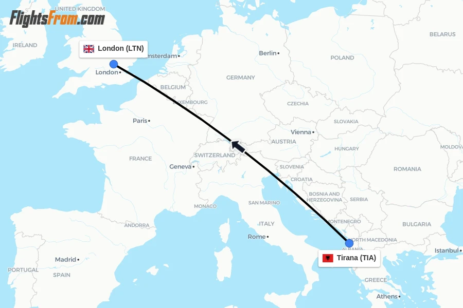 Flights from Tirana to London route map