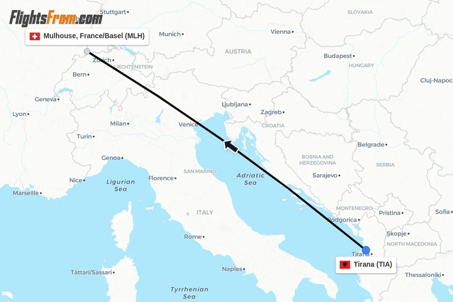 Flights from Tirana to Mulhouse, France/Basel route map