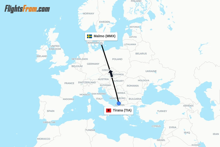 Flights from Tirana to Malmo route map