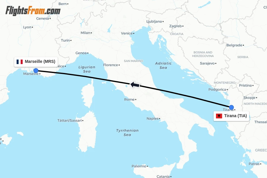 Flights from Tirana to Marseille route map