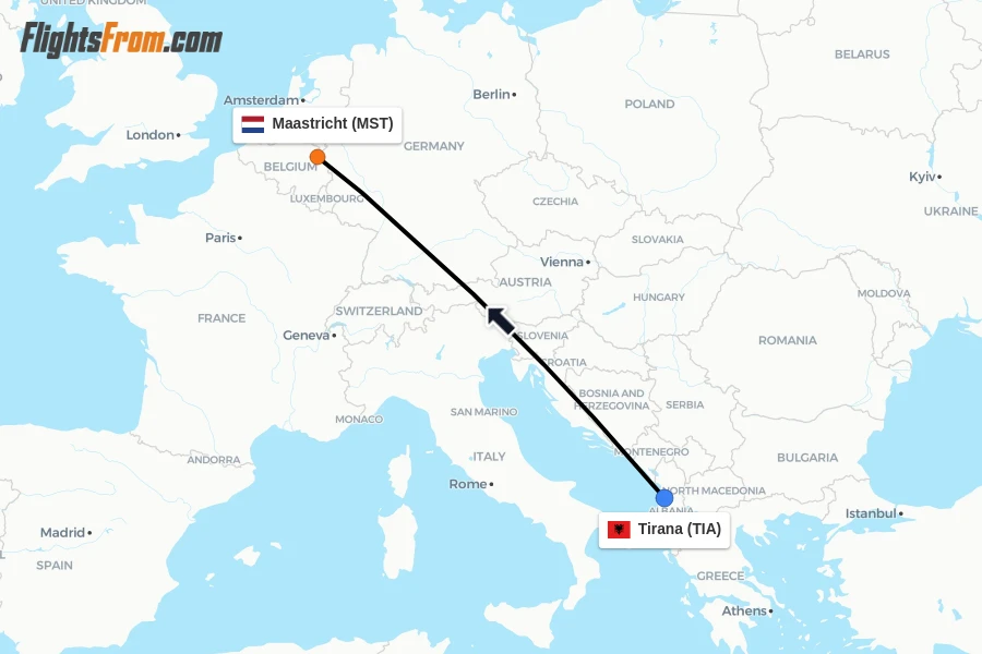 Flights from Tirana to Maastricht route map