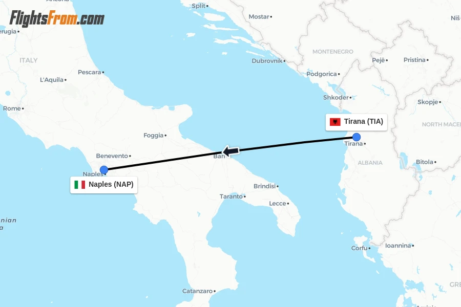 Flights from Tirana to Naples route map