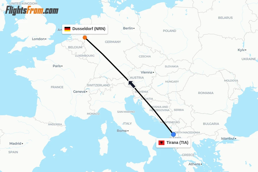 Flights from Tirana to Dusseldorf route map