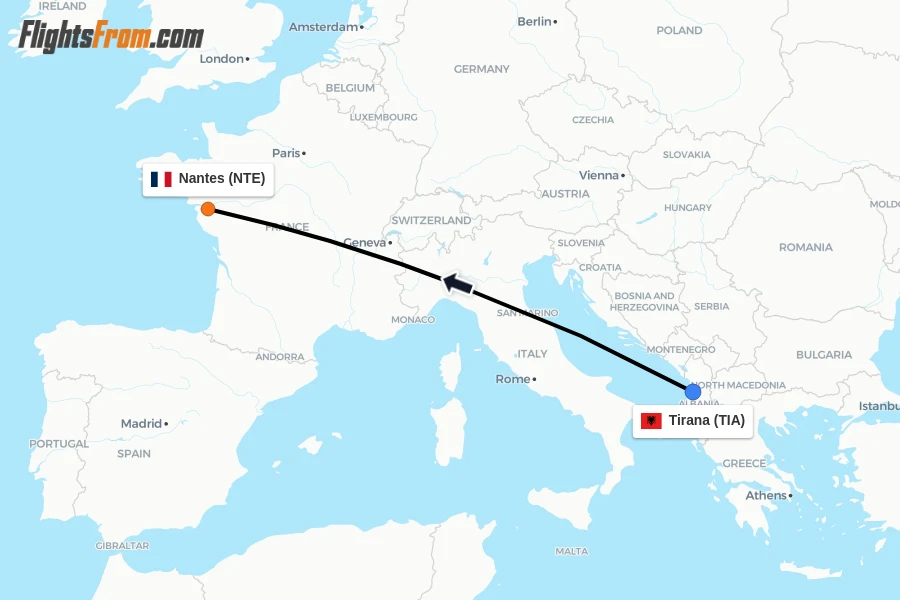Flights from Tirana to Nantes route map