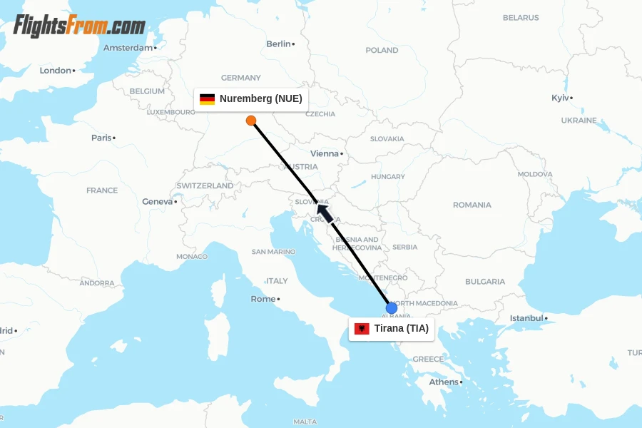 Flights from Tirana to Nuremberg route map
