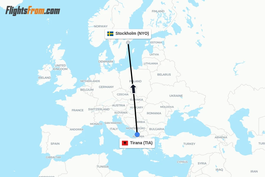 Flights from Tirana to Stockholm route map