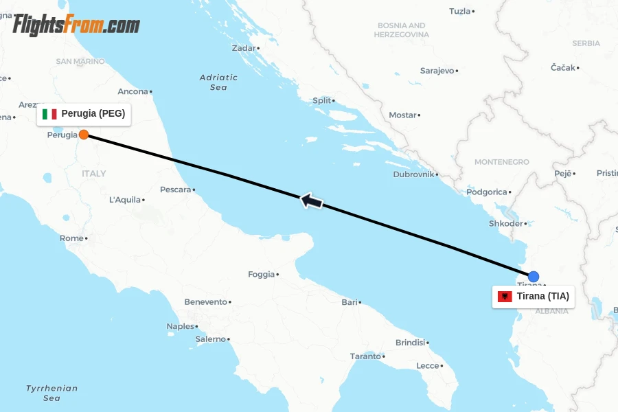 Flights from Tirana to Perugia route map