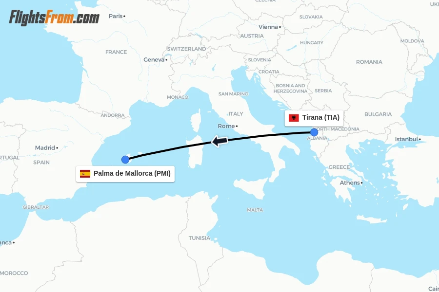 Flights from Tirana to Palma de Mallorca route map
