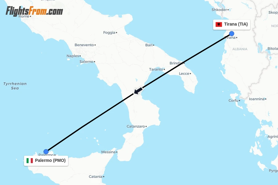 Flights from Tirana to Palermo route map