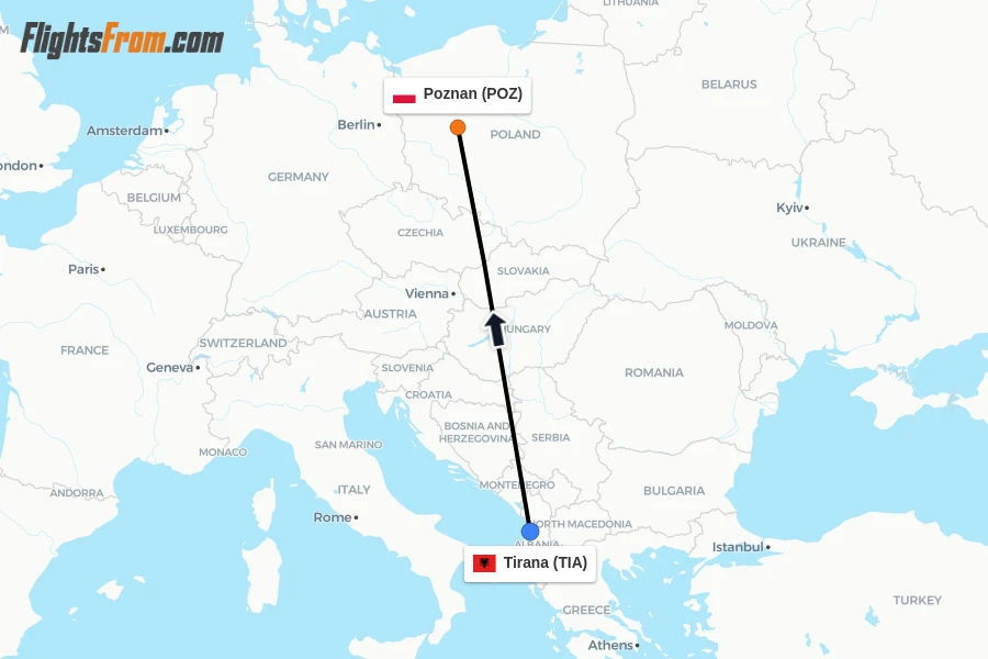 Flights from Tirana to Poznan route map