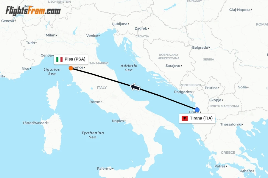 Flights from Tirana to Pisa route map