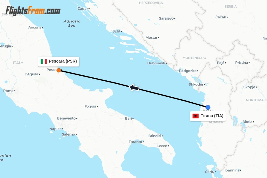 Flights from Tirana to Pescara route map