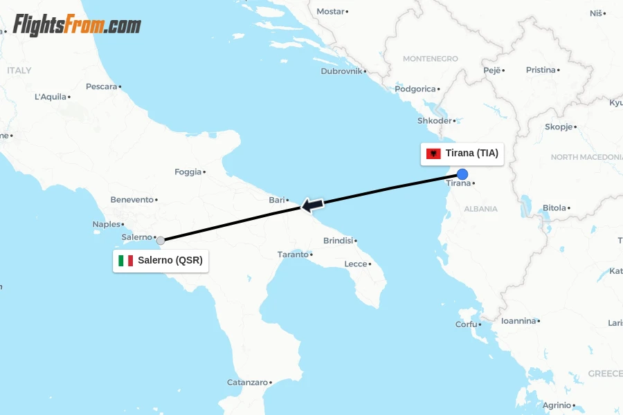 Flights from Tirana to Salerno route map