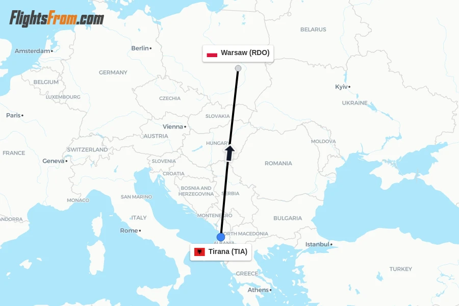 Flights from Tirana to Warsaw route map