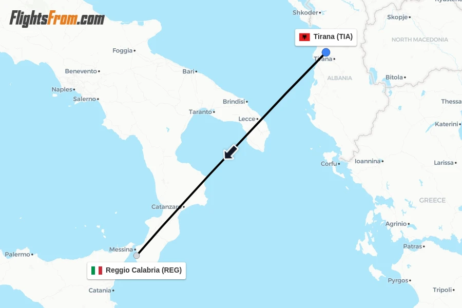 Flights from Tirana to Reggio Calabria route map
