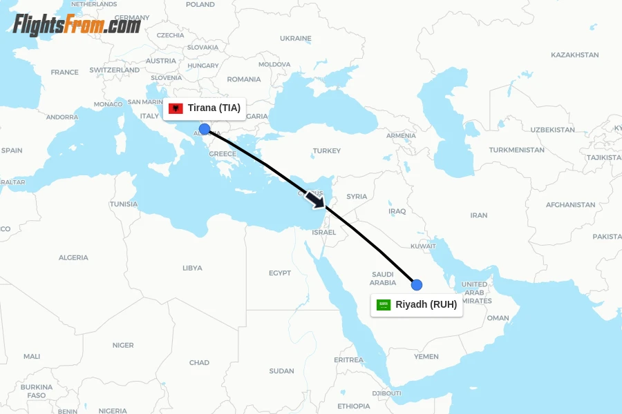 Flights from Tirana to Riyadh route map