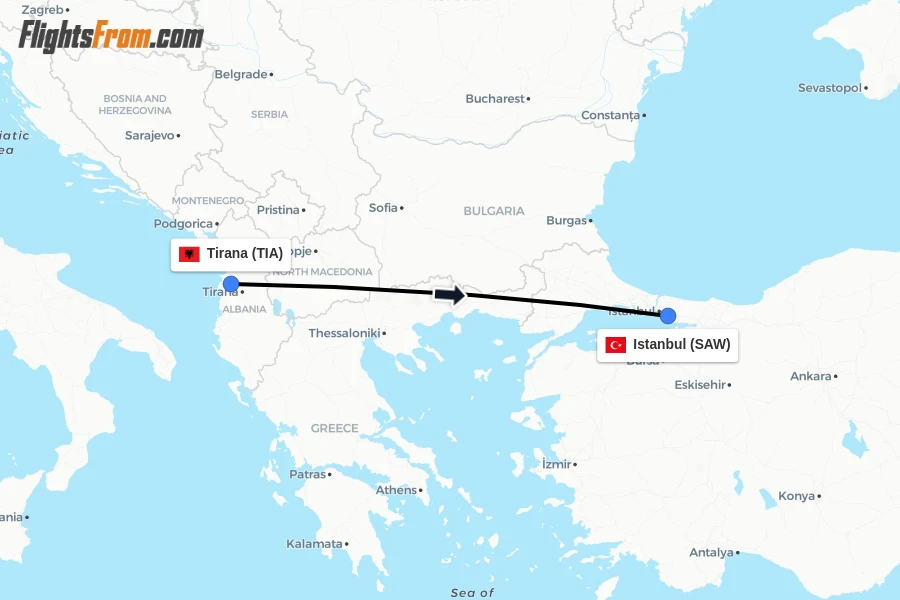 Flights from Tirana to Istanbul route map