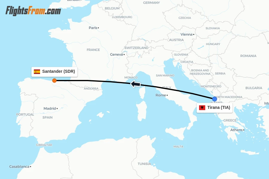 Flights from Tirana to Santander route map