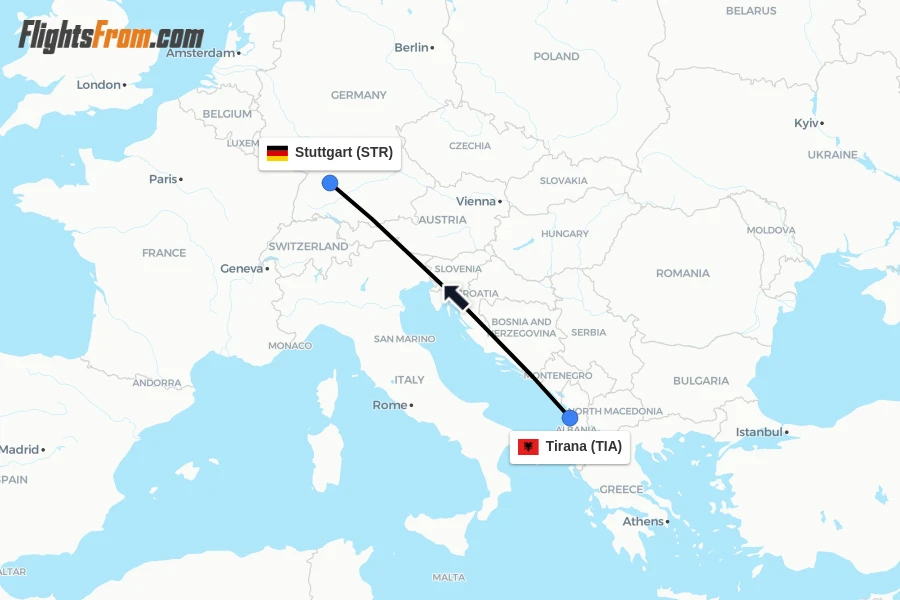 Flights from Tirana to Stuttgart route map