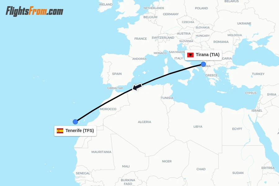 Flights from Tirana to Tenerife route map