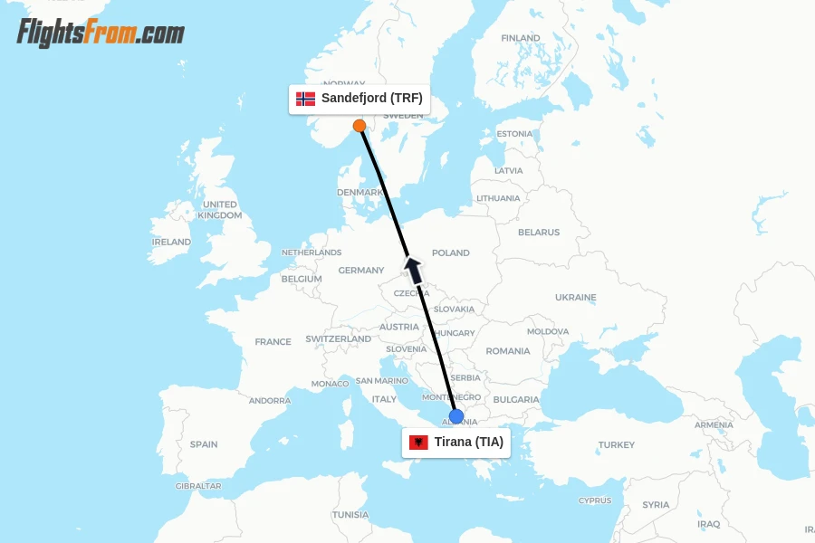 Flights from Tirana to Sandefjord route map