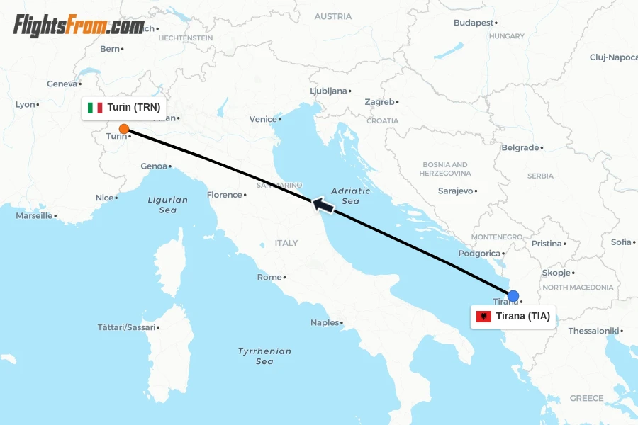 Flights from Tirana to Turin route map