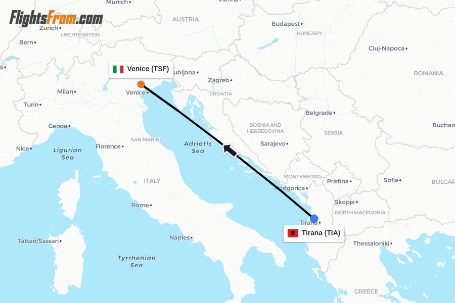 Flights from Tirana to Venice route map
