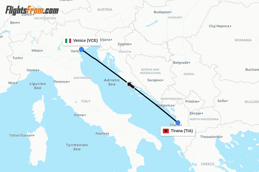 Flights from Tirana to Venice route map