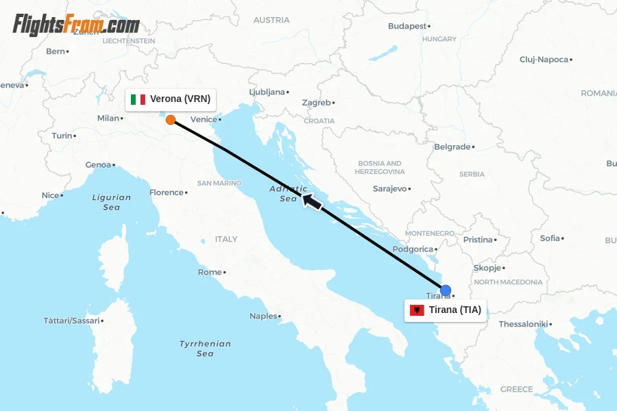 Flights from Tirana to Verona route map