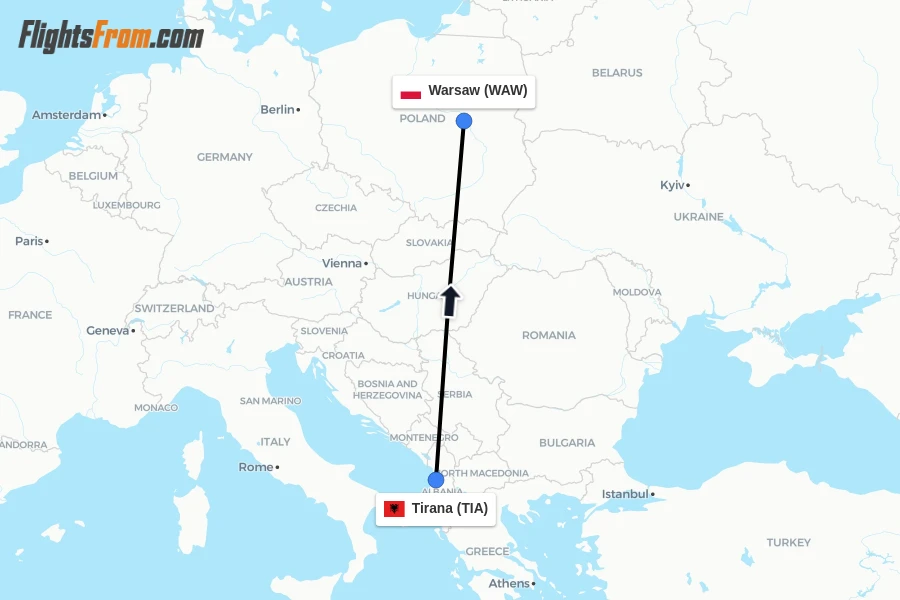 Flights from Tirana to Warsaw route map