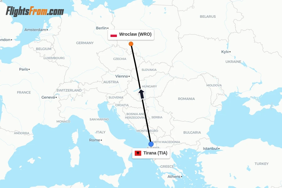 Flights from Tirana to Wroclaw route map