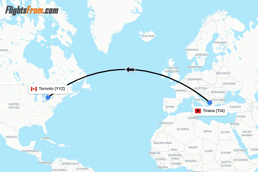 Flights from Tirana to Toronto route map