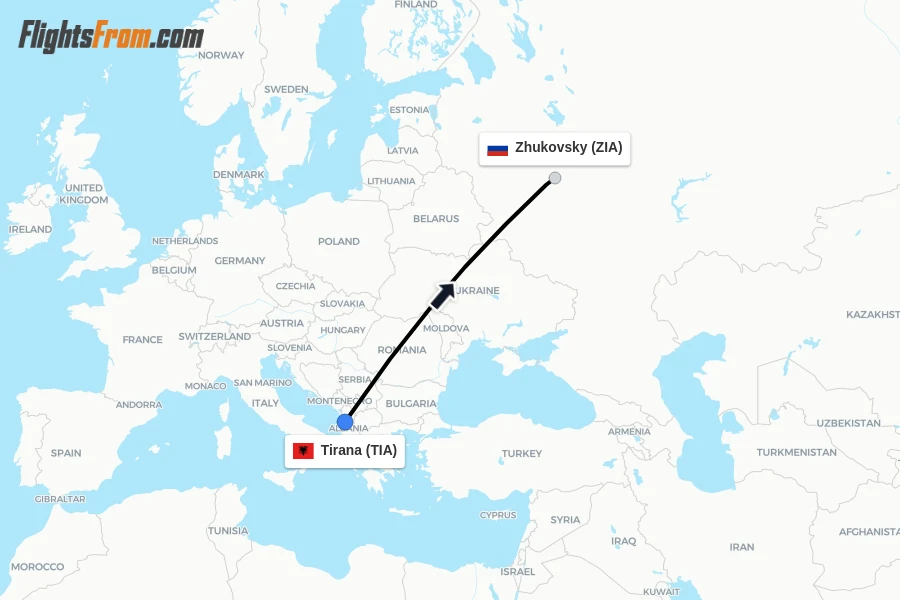 Flights from Tirana to Zhukovsky route map