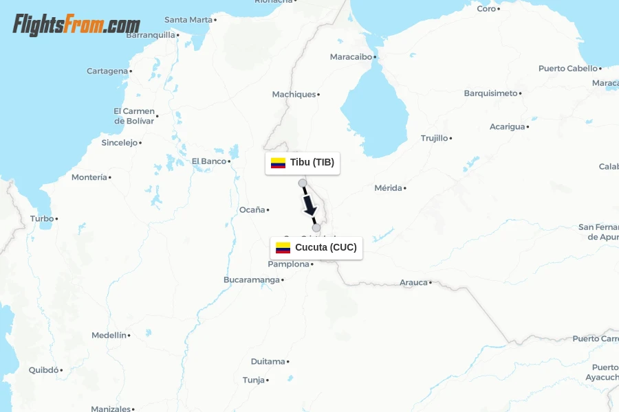 Flights from Tibu to Cucuta route map