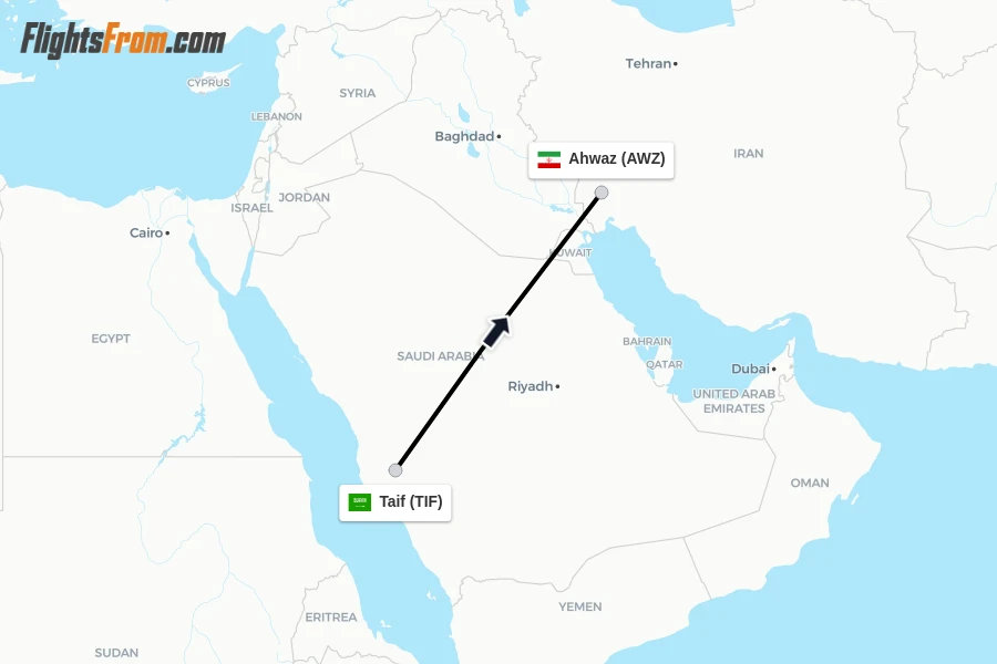Flights from Taif to Ahwaz route map