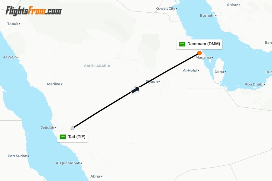 Flights from Taif to Dammam route map
