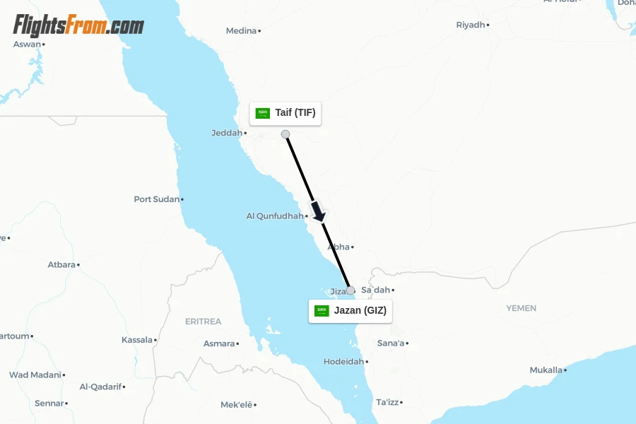 Flights from Taif to Jazan route map
