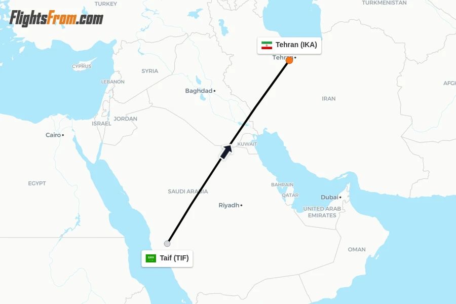 Flights from Taif to Tehran route map