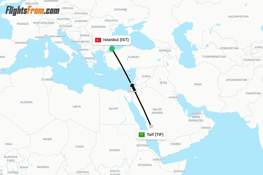 Flights from Taif to Istanbul route map
