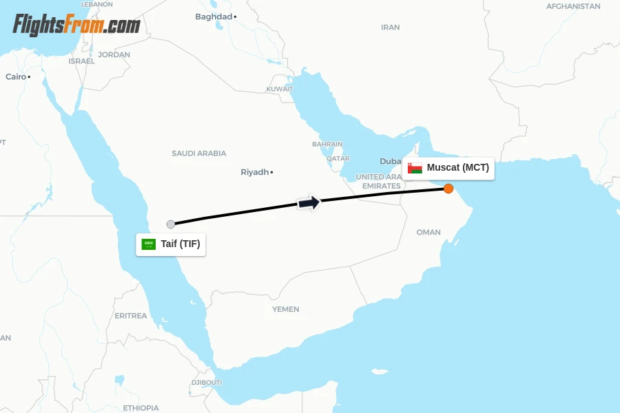 Flights from Taif to Muscat route map
