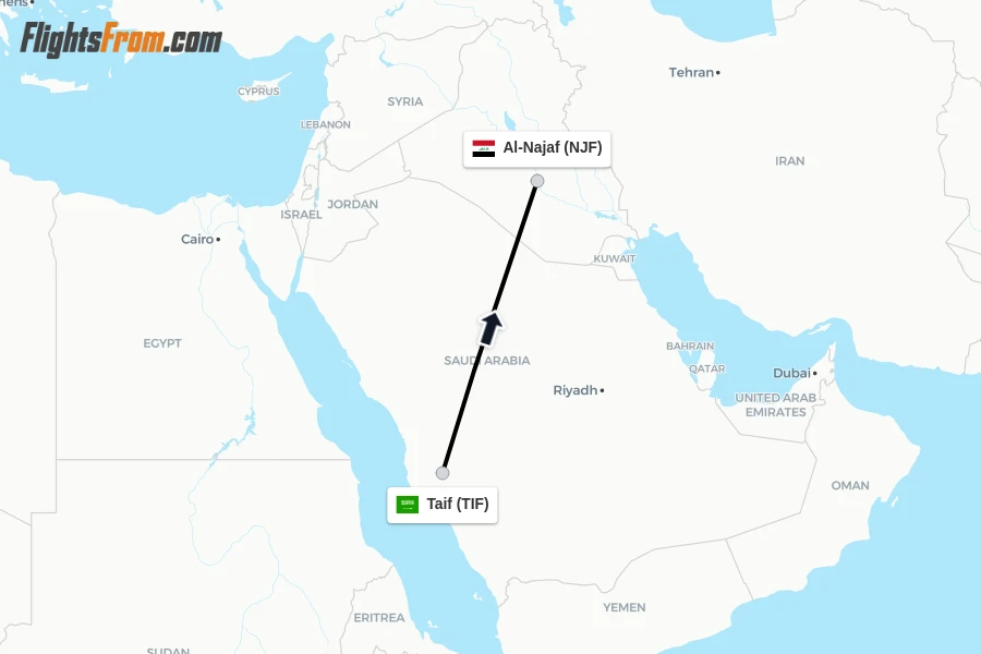 Flights from Taif to Al-Najaf route map