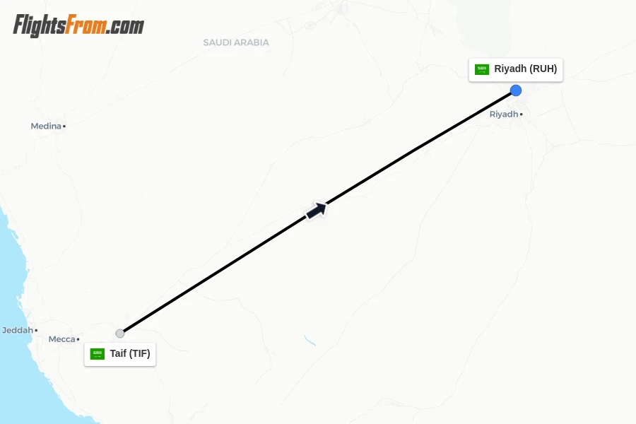 Flights from Taif to Riyadh route map