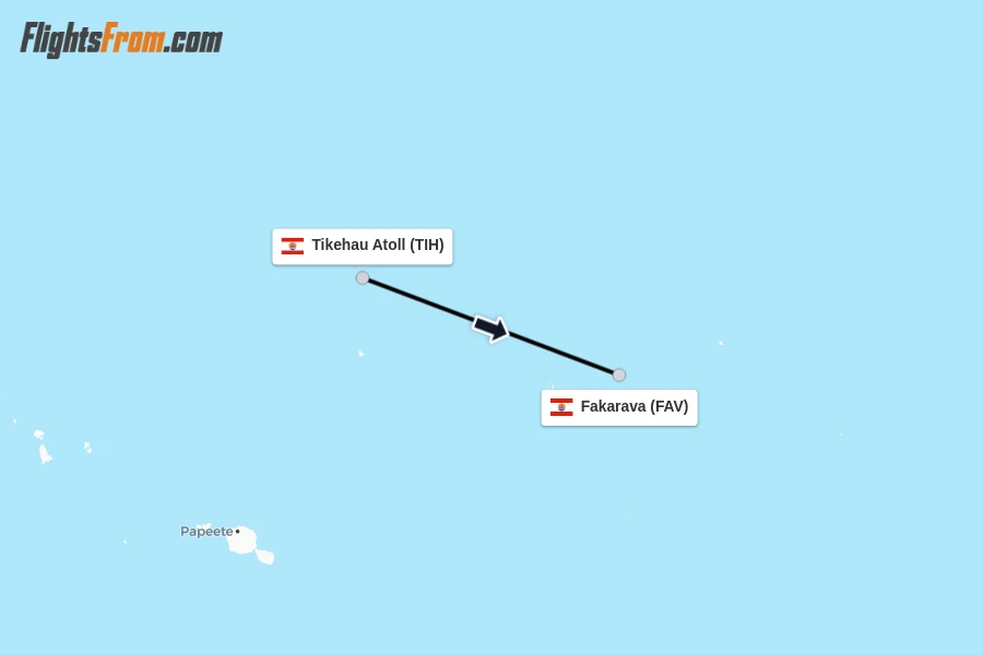 Flights from Tikehau Atoll to Fakarava route map