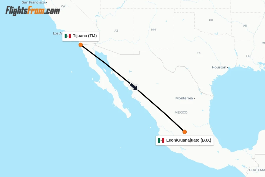 Flights from Tijuana to Leon/Guanajuato route map