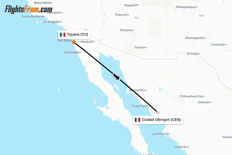 Flights from Tijuana to Ciudad Obregon route map