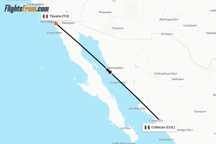 Flights from Tijuana to Culiacan route map