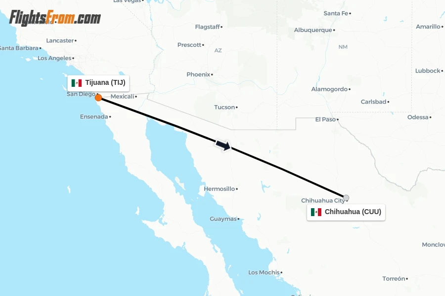 Flights from Tijuana to Chihuahua route map