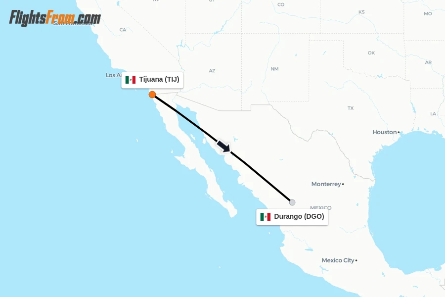 Flights from Tijuana to Durango route map