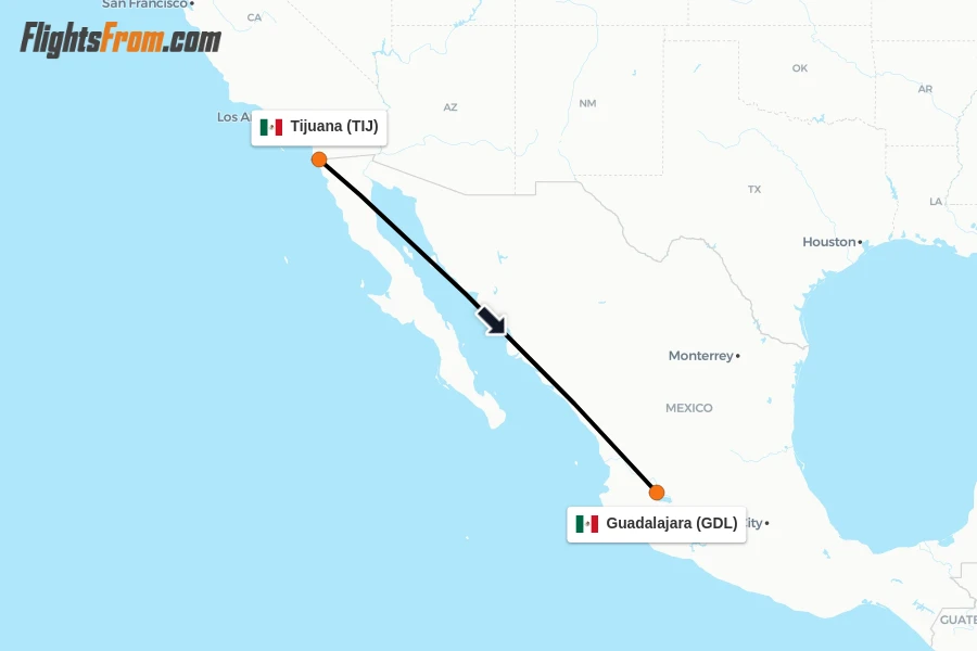 Flights from Tijuana to Guadalajara route map